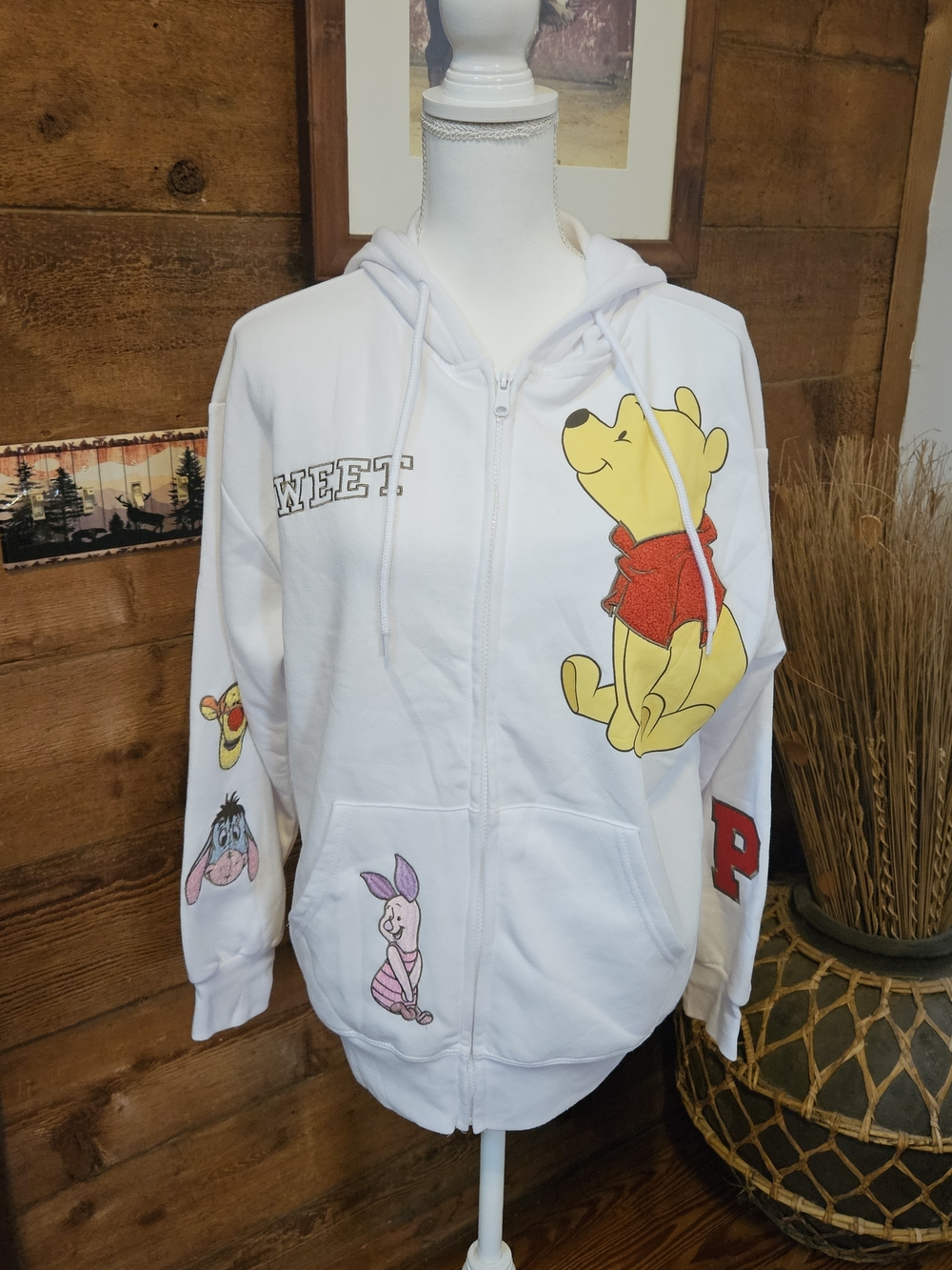 White Winnie the Pooh Woman's Zip-Up Hoodie with Character Prints